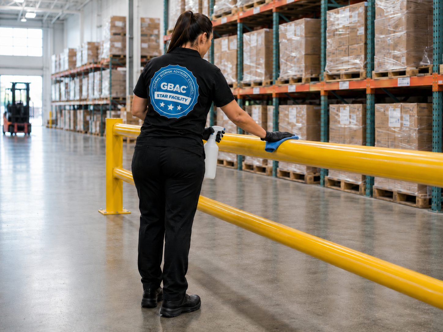 Industrial cleaning technician maintaining a warehouse and distribution center facility in Aurora, Illinois, Kane County