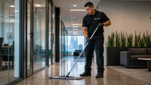 Facility manager reviewing cleaning frequency and janitorial schedule documentation for a commercial building in Chicagoland, Illinois