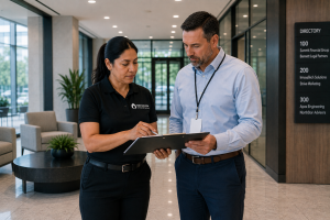 Facility manager reviewing commercial cleaning vendor documentation and inspection reports before Q4 in a Chicagoland office building