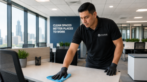 Direct-hire cleaning technician maintaining a corporate office facility in Chicagoland, Illinois on a high-frequency five-day-per-week recurring program