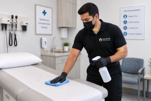 GBAC-certified cleaning technician disinfecting a patient-facing area in a medical clinic in Chicagoland, Illinois