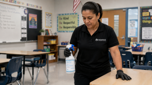 Professional janitorial technician cleaning a school classroom in DuPage County, Illinois as part of a dedicated K-12 janitorial program