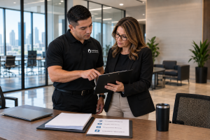 Facility manager reviewing a commercial cleaning contract with a Helping Hands supervisor in a Chicagoland office building