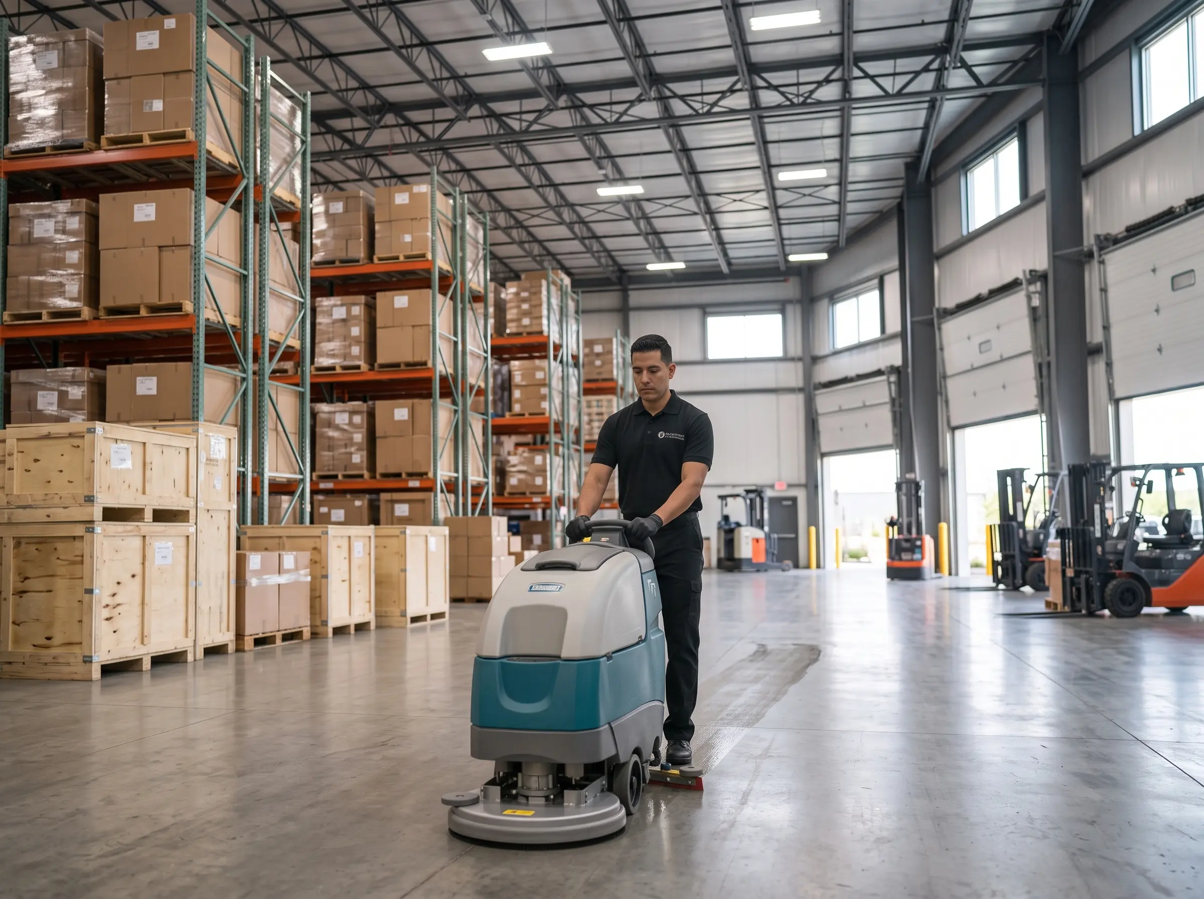 Helping Hands cleaning technician performing routine scheduled maintenance as part of an ongoing janitorial program in a Chicagoland commercial facility