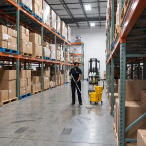 Day porter technician maintaining a high-traffic aisle in a large Chicagoland distribution center during business hours