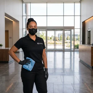 Helping Hands cleaning technician performing routine scheduled maintenance as part of an ongoing janitorial program in a Chicagoland commercial facility