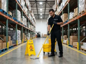 Cleaning technician performing floor safety maintenance in an industrial facility in Mt Prospect, Illinois