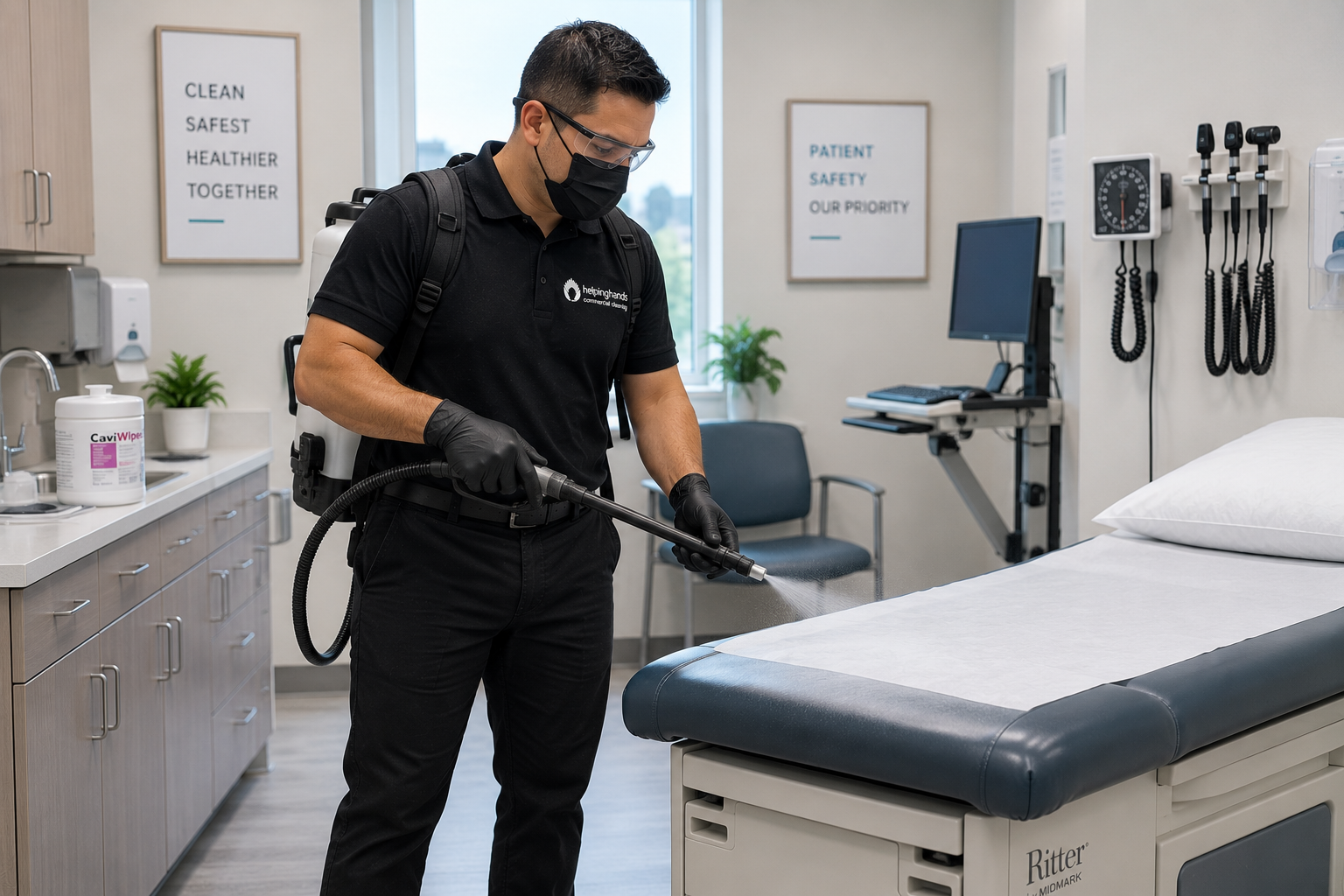 GBAC-certified cleaning technician maintaining a medical clinic in Chicagoland, Illinois as part of a coordinated multi-location healthcare cleaning program