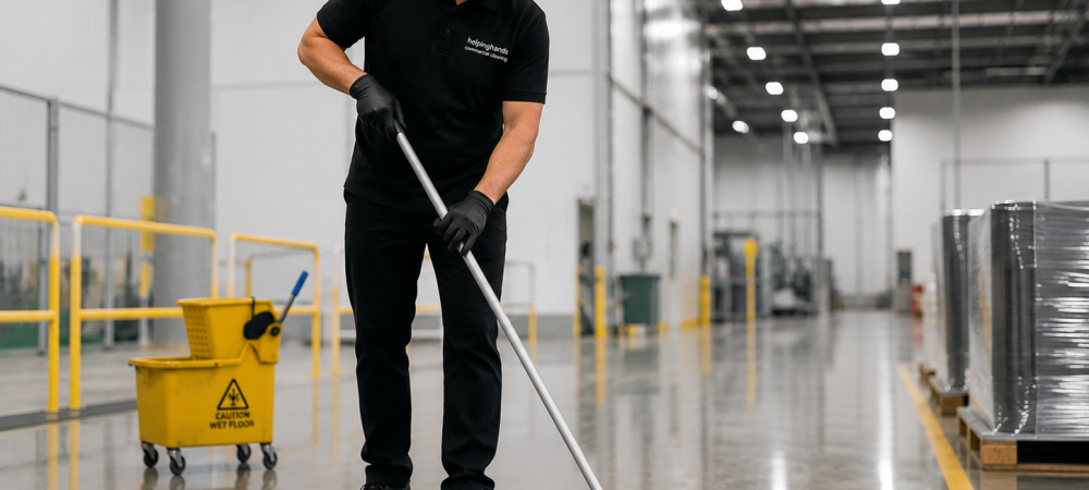 Direct-hire industrial cleaning technician maintaining a manufacturing facility floor in Chicagoland, Illinois