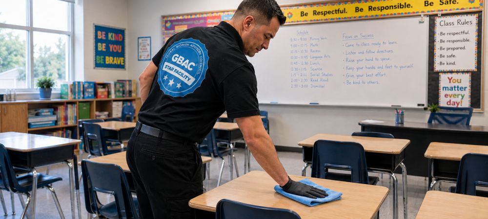 Professional janitorial technician cleaning a school classroom in Chicagoland, Illinois before the start of the academic school year