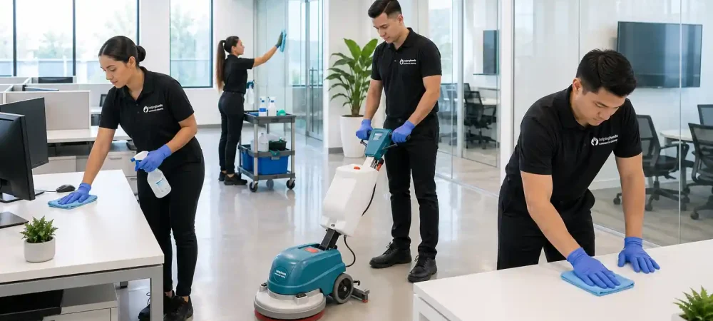 office cleaning professionals working in modern office environment ensuring cleanliness and sanitation