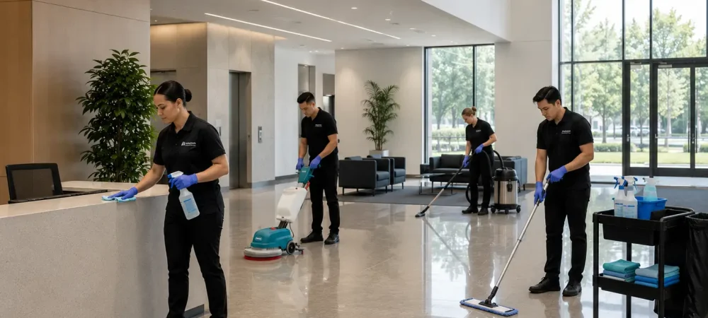 Consistent janitorial crew cleaning a corporate office facility along the I-88 corridor in Naperville, DuPage County, Illinois