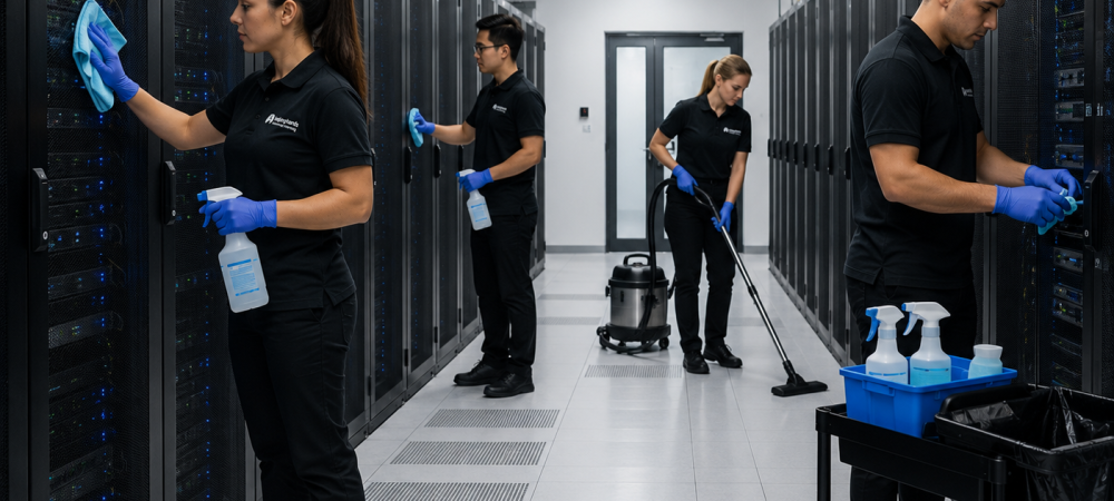 Cleaning technician performing subfloor and anti-static cleaning in a data center facility in Chicagoland, Illinois
