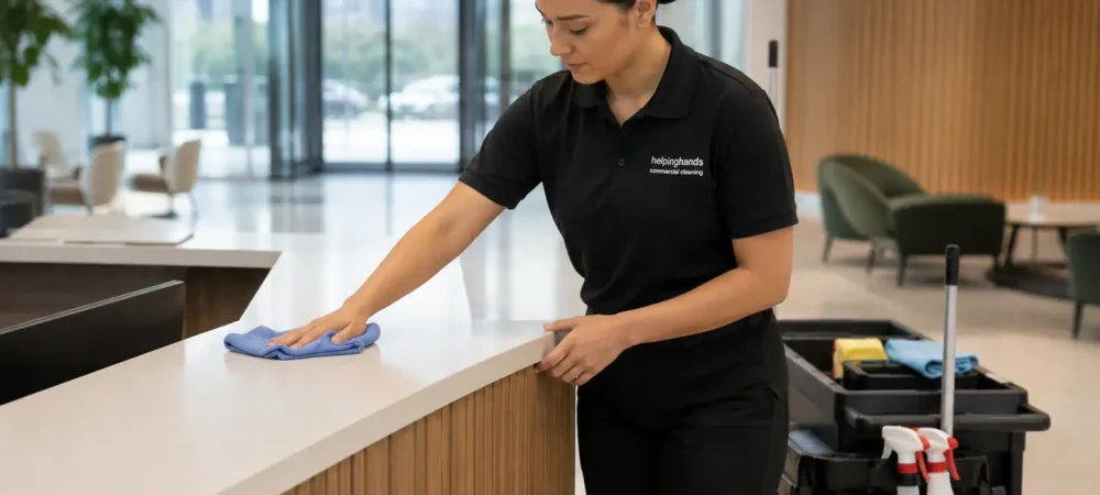 Day porter cleaning technician maintaining the lobby of a corporate office building in Schaumburg, Cook County, Illinois