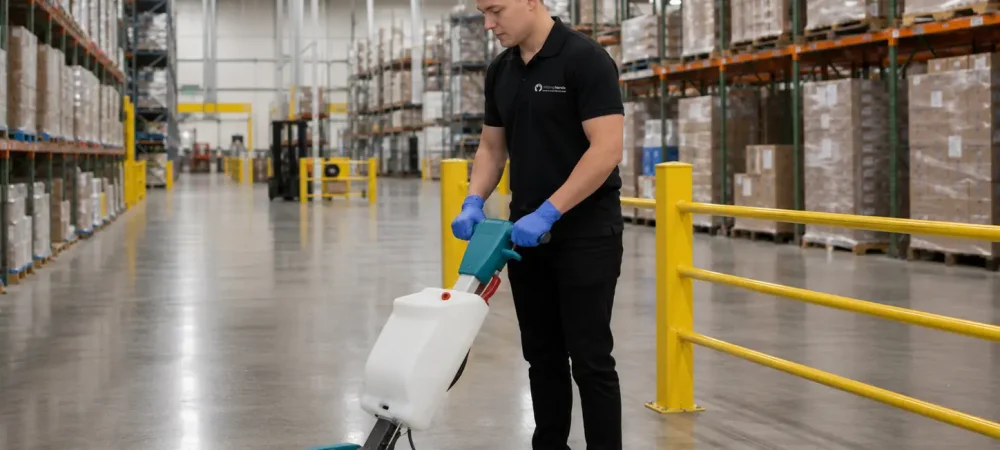 Commercial cleaning crew maintaining a large distribution center in Bolingbrook, Will County, Illinois