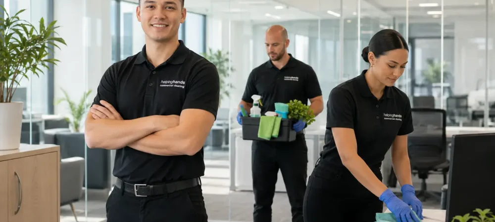 Helping Hands Commercial Cleaning team providing eco-friendly office cleaning in a modern workspace, using Green Seal certified products, W-2 staff, and professional commercial cleaning protocols in Chicagoland, IL.