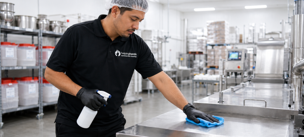 Industrial cleaning technician maintaining a food-adjacent manufacturing facility in Elk Grove Village, Cook County, Illinois with contamination-control protocols
