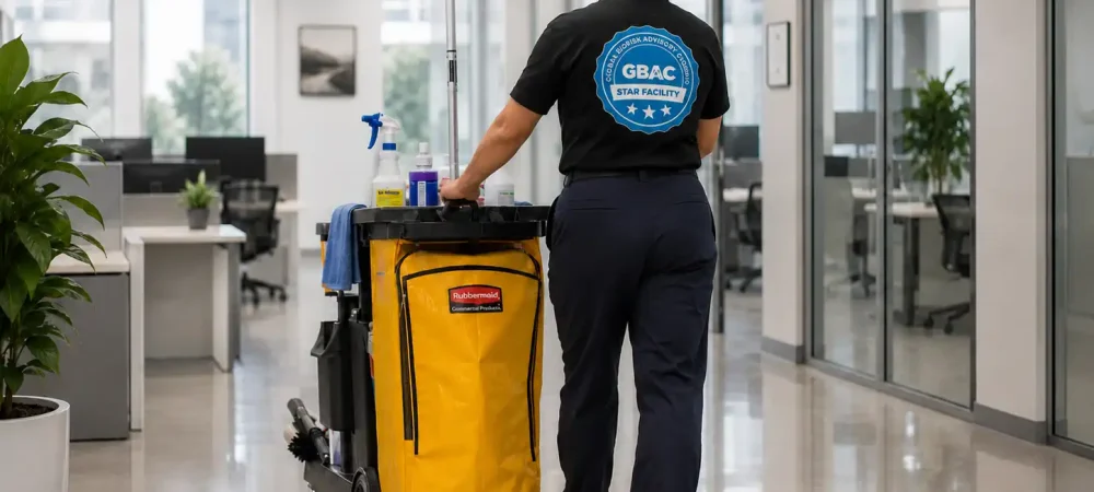 Direct-hire Helping Hands Commercial Cleaning technician in uniform servicing a Chicagoland facility, an accountable alternative to franchise cleaning subcontractors