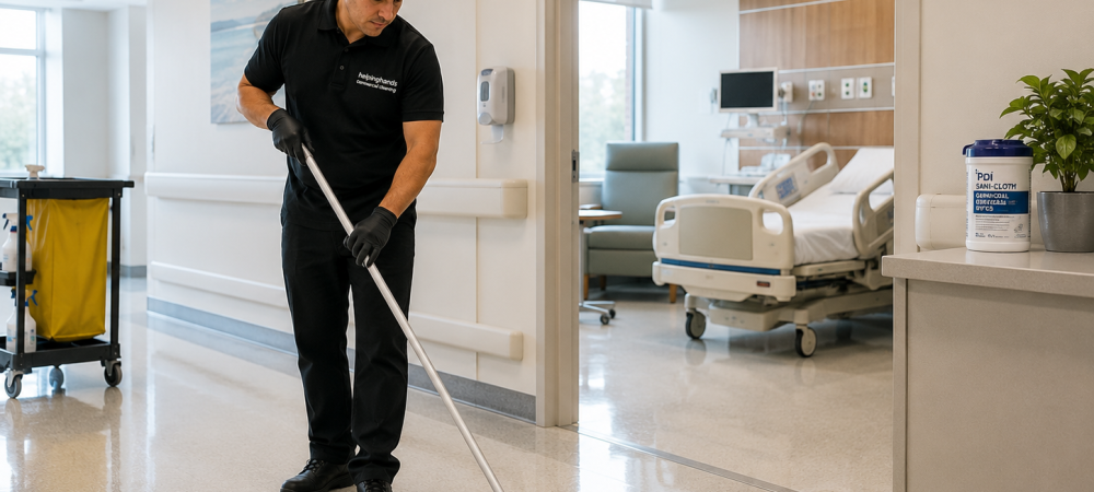 GBAC-certified cleaning technician disinfecting a healthcare facility corridor in Will County, Illinois near Silver Cross Hospital