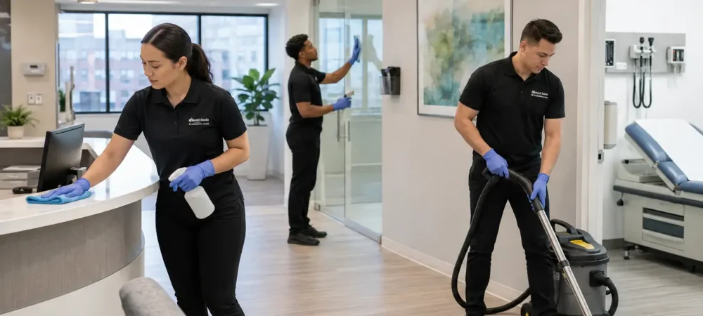 Helping Hands Commercial Cleaning team providing healthcare and medical office cleaning in a modern clinic, disinfecting reception surfaces, cleaning glass, and vacuuming exam room areas in Chicagoland, IL.