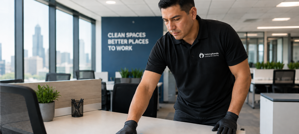 Direct-hire cleaning technician maintaining a corporate office facility in Chicagoland, Illinois on a high-frequency five-day-per-week recurring program