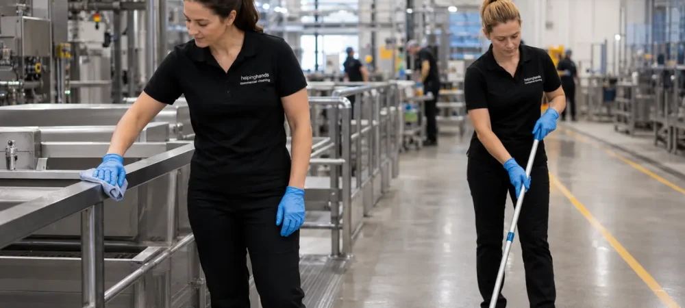 Cleaning technician maintaining a manufacturing facility floor in Elk Grove Village, Cook County, Illinois