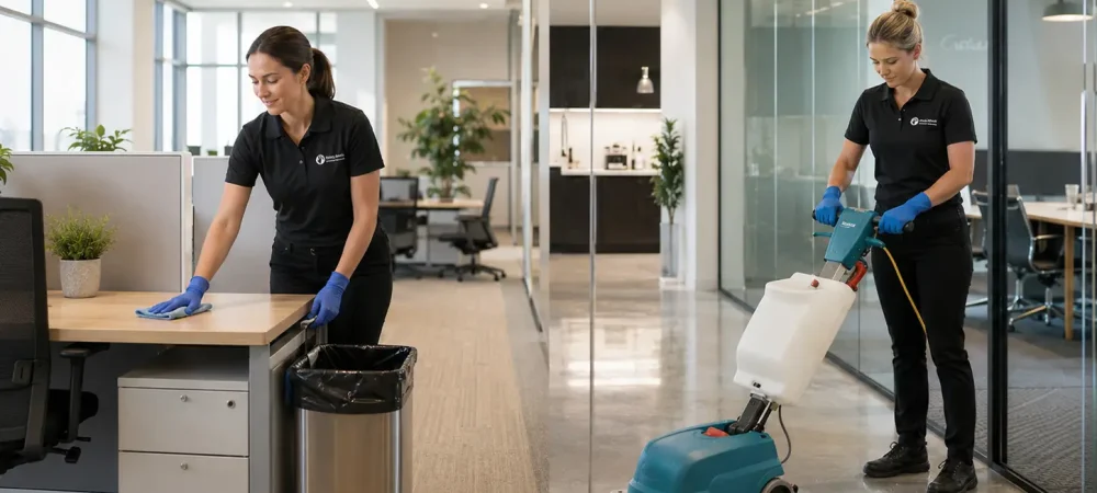 Helping Hands Commercial Cleaning team showing the difference between janitorial and commercial cleaning, with one cleaner handling daily office maintenance and another performing floor care in a Chicagoland workplace.