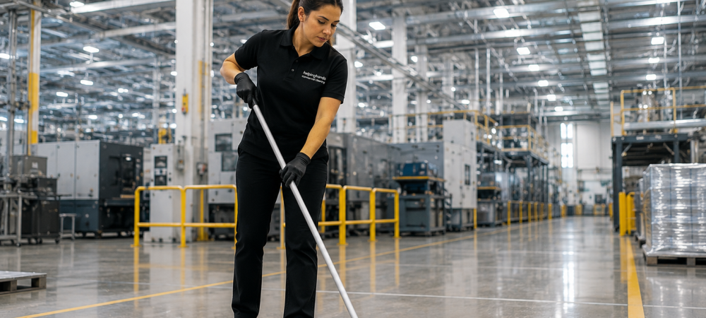 Janitorial crew performing high-frequency cleaning in a manufacturing plant in Aurora, Kane County, Illinois during a production shift changeover