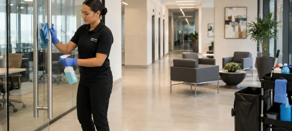 Commercial cleaning crew servicing the common areas of a multi-tenant office building in Elmhurst, DuPage County, Illinois