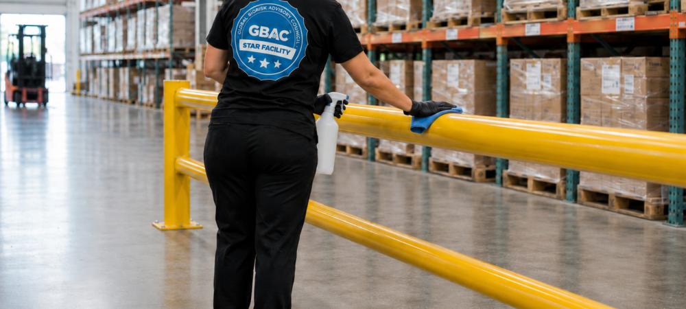 Industrial cleaning technician maintaining a warehouse and distribution center facility in Aurora, Illinois, Kane County